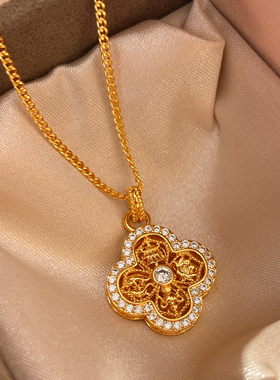 金色满钻四叶草吊坠项链女