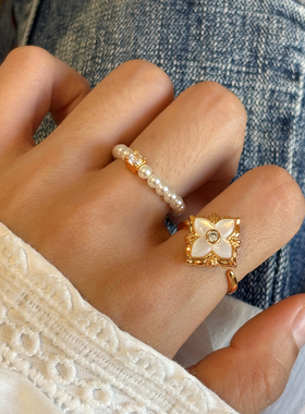 天然白贝母四叶草戒指女