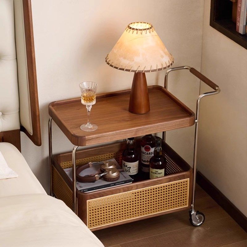 实木可移动边几收纳中古小推车客厅沙发储物置物架藤编简约餐车,淘宝优惠券,粉丝福利购,淘宝优惠卷