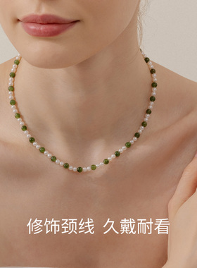 和田玉串珠项链锁骨链925银镀金