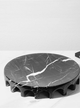 简约现代黑色大理石洞石圆形托盘摆件 样板间客T厅茶几桌面收纳盘