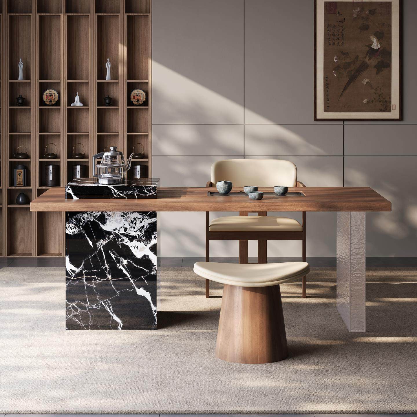 现代极简胡桃木纹岩板阳台茶桌椅组合高级感客厅家用茶台2025新款 - 图2