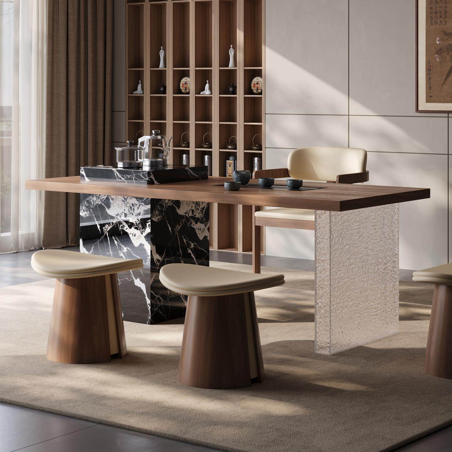 现代极简胡桃木纹岩板阳台茶桌椅组合高级感客厅家用茶台2025新款 - 图0
