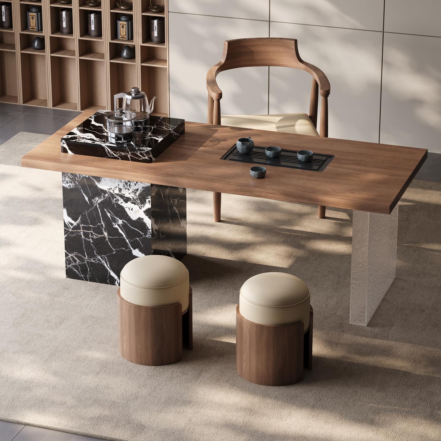 现代极简胡桃木纹岩板阳台茶桌椅组合高级感客厅家用茶台2025新款 - 图1