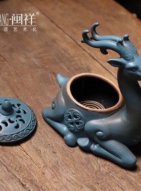 新中式陶瓷福鹿摆k件家居客厅茶室香薰炉禅意玄关博古架装饰工艺