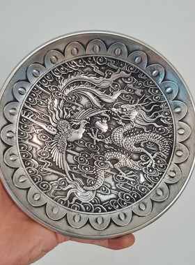 黄铜镀银色龙凤呈祥盘子摆件 家居客厅书房摆饰 饰品 装Z饰品 铜