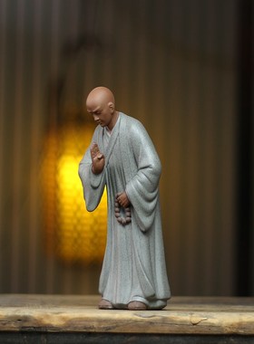 紫砂摆件禅意人物工艺品抚琴和尚玄关博古架装饰品家Z居复古中式