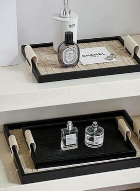 高档托盘皮革装饰品摆件盘黑色法式质中钥匙收纳轻奢玄关古香薰盒