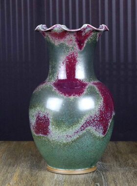 装饰摆件瓷花瓶绿色坯禹州钧花口陶瓷炉钧器插花传统手拉手工简约