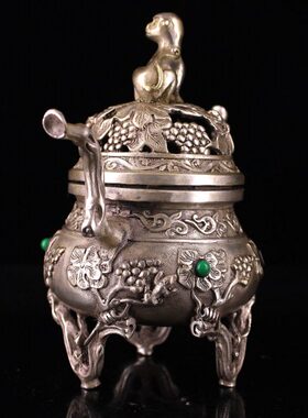 鎏古玩三收藏镶嵌足双耳猴镂空纯铜熏香炉盖银香炉宝石家居用品