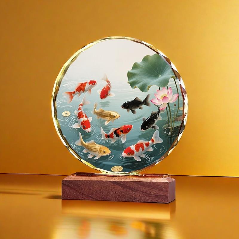 九鱼莲花图水晶摆件九鱼图入口装饰画聚财招财表乔迁开幕礼 - 图2