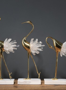 纯铜轻奢水晶仙鹤摆件样板房客厅电视柜桌面玄关摆设家居装饰品
