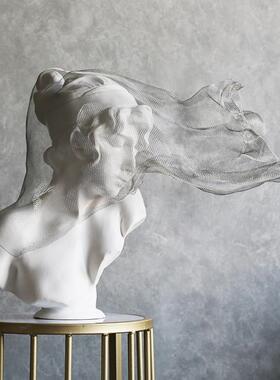 金属面纱女孩艺术白色雕像意式极简软装饰品摆件客厅轻奢人物雕塑