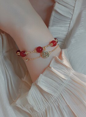 龙年本命年红玛瑙手链女生新中式国风转运珠福牌R双层红色闺蜜手