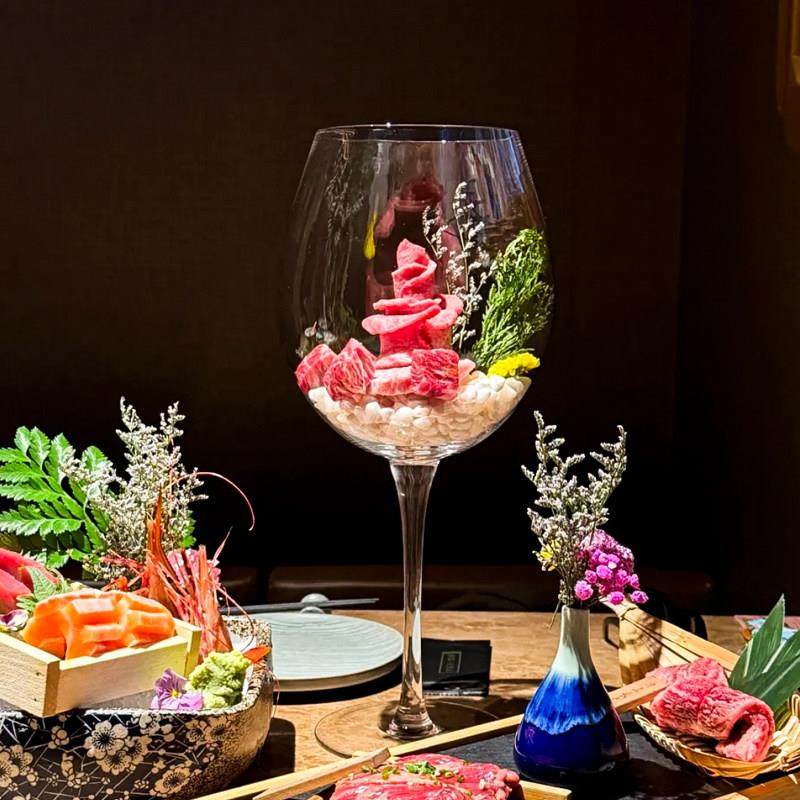 高脚玻璃水晶杯创意韩式烤肉套装盘子网红和牛玻璃杯特色日料餐具,淘宝优惠券,粉丝福利购,淘宝优惠卷
