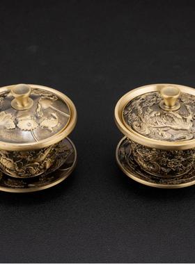 中式黄铜莲花龙凤杯三件套敬茶摆件盖碗龙凤铜茶碗工艺品百福茶具