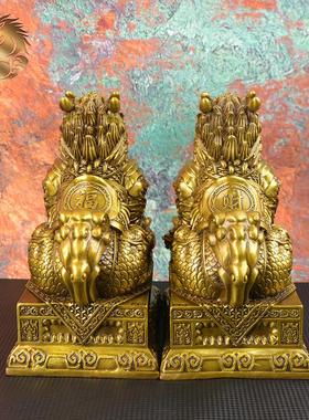 宏达 全黄铜财福麒麟将军麒麟玄关铜器底座八卦麒麟摆件