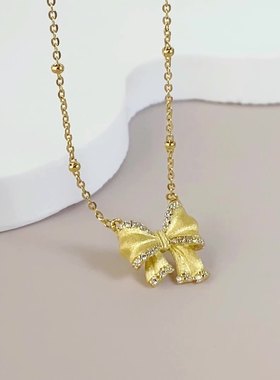 S925纯银韩版小众拉丝蝴蝶结项链女高级感博主锁骨链
