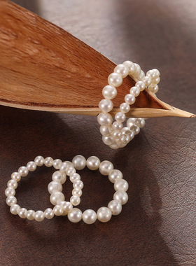 银饰珍珠戒指女时尚极简轻奢法式弹力绳串珠指环精致手饰