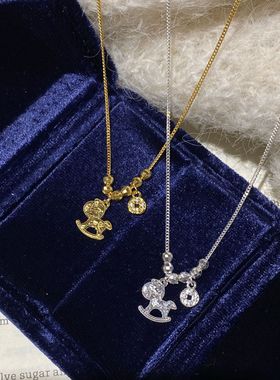 925纯银碎冰冰木马项链女时尚轻奢高级感马上有钱锁骨链
