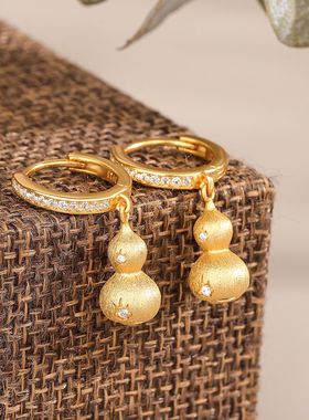 s925纯银金色葫芦耳环耳坠新中式拉丝轻奢高级感网红气质