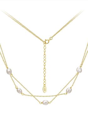 银饰 韩国双层叠戴珍珠锁骨链高级感项链女925银