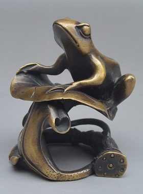 文房书桌装饰摆件纯铜实心荷叶青蛙办公桌招财摆设古玩仿古铜器