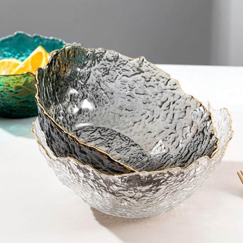 日式融冰金边玻璃碗沙拉碗套装家用水果盘北欧树皮锤纹餐具甜品碗,淘宝优惠券,粉丝福利购,淘宝优惠卷