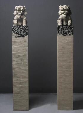 新中式玄关客厅装饰仿古拴马桩镇宅狮子一对貔貅招财麒麟落地摆件