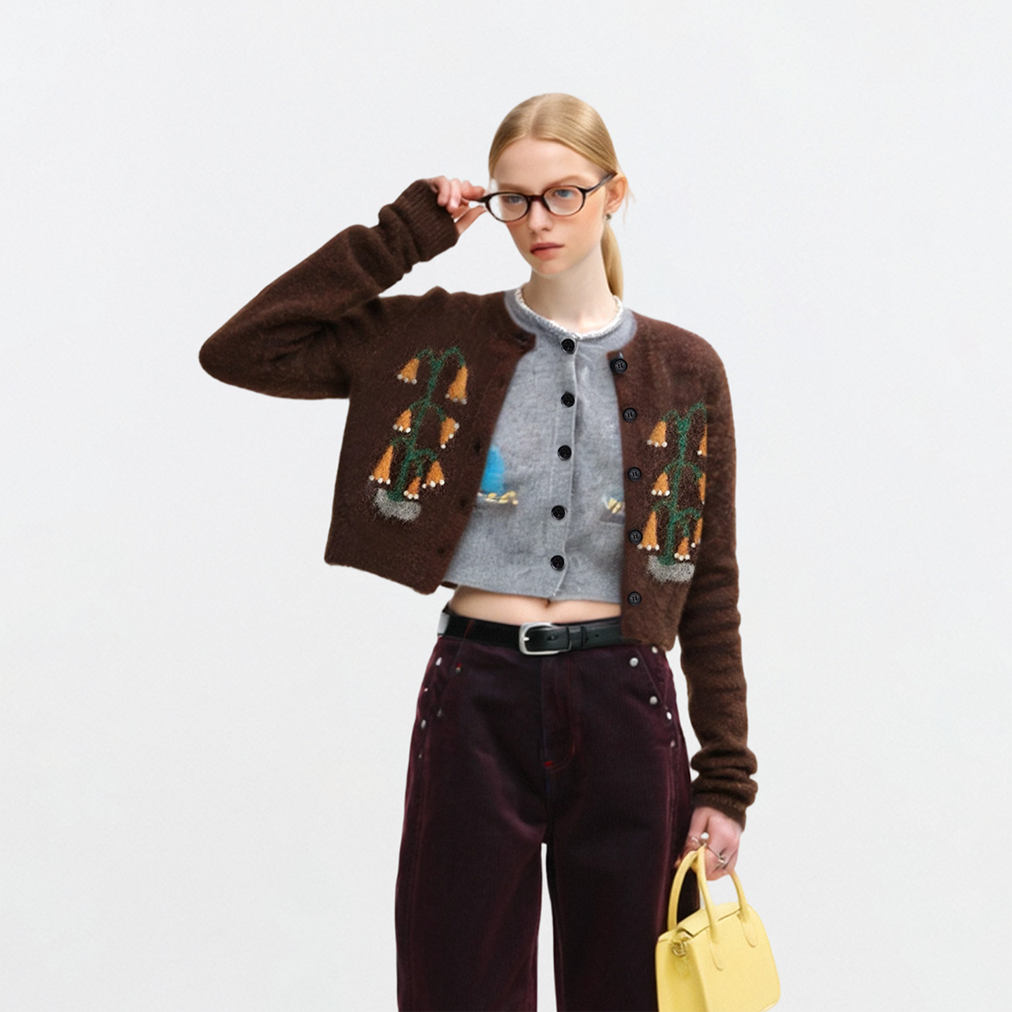 AHMI“野生植物学家”咖色慵懒风毛衣冬季女撞色风铃兰针织开衫,淘宝优惠券,粉丝福利购,淘宝优惠卷