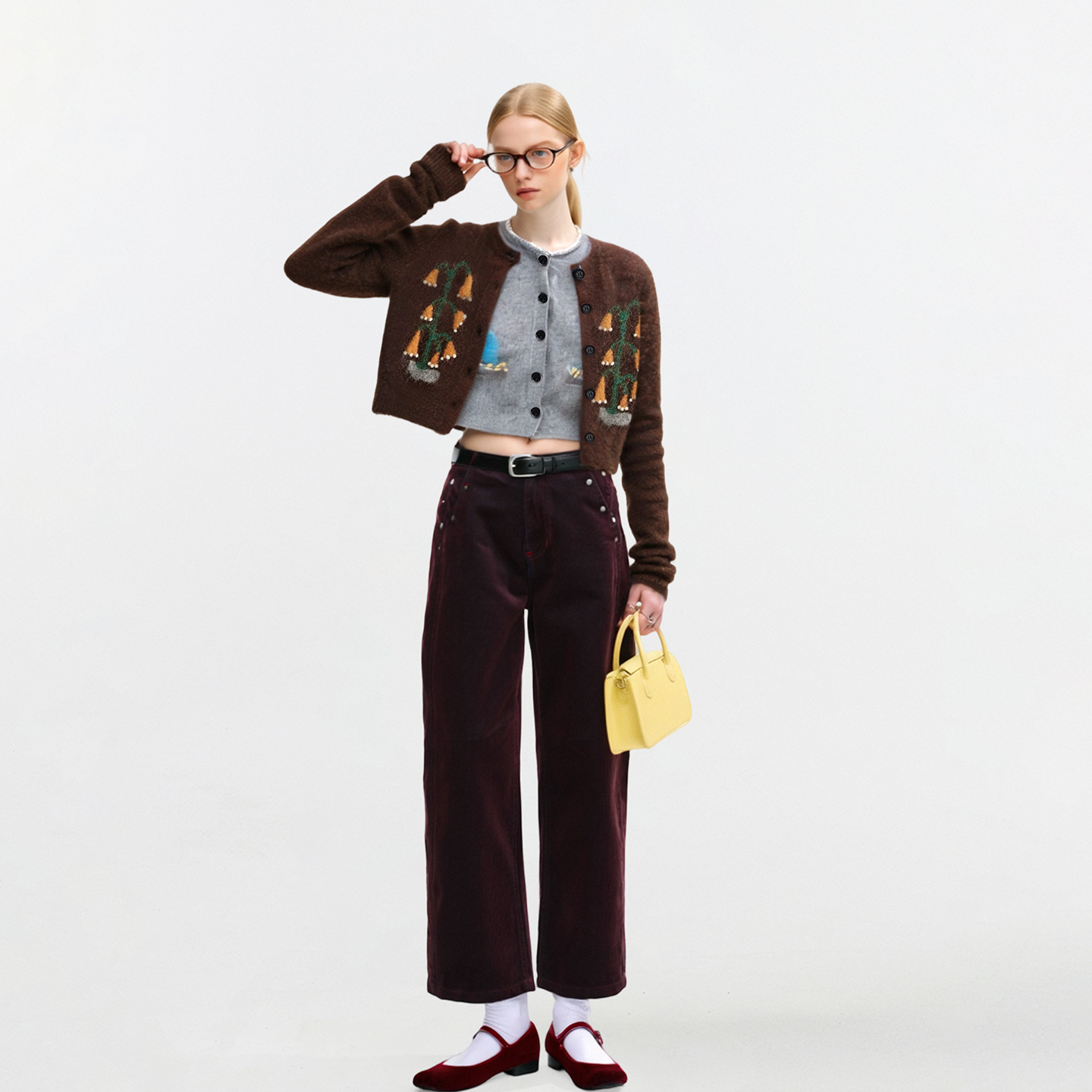 AHMI“野生植物学家”咖色慵懒风毛衣冬季女撞色风铃兰针织开衫,淘宝优惠券,粉丝福利购,淘宝优惠卷