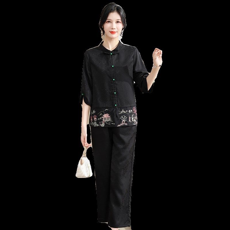 妈妈夏装套装新中式国风女装新款七分袖上衣中老年春夏季衬衫外套,淘宝优惠券,粉丝福利购,淘宝优惠卷