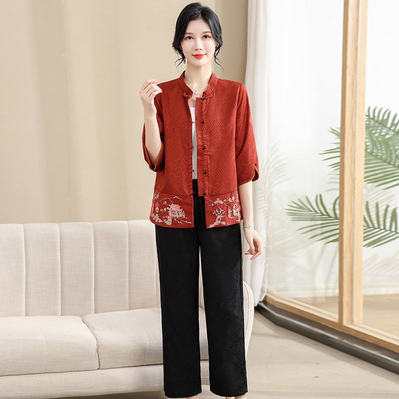 妈妈夏装套装新中式国风女装新款七分袖上衣中老年春夏季衬衫外套,淘宝优惠券,粉丝福利购,淘宝优惠卷