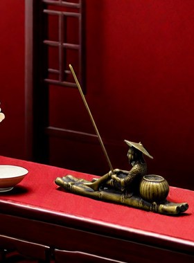 纯黄铜姜太公钓鱼摆件创意复古铜镇纸书法专用装饰品桌面精致铜器