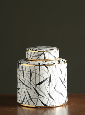 现代简约黑白陶瓷储物罐 美式家居客厅装饰罐摆件 样板房软装配饰