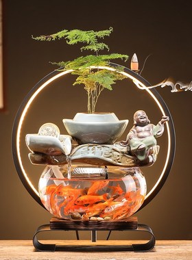 流水生财摆件循环水创意办公室客厅桌面小型家用玻璃鱼缸开业礼品