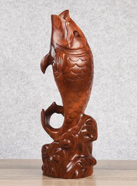 铁犁木雕刻动物摆件招财鱼跃龙门寓意摆设客厅办公室桌面实木装饰