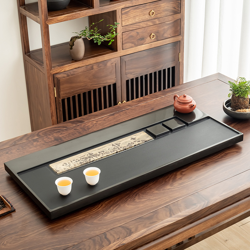 【比翼连枝】富贵乌金石国画石茶盘轻奢现代简约茶台办公客厅茶具 - 图1