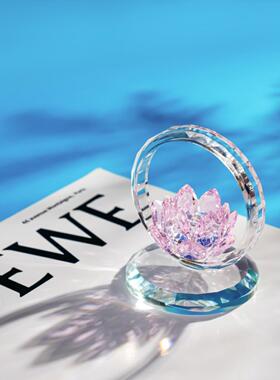 水晶玻璃摆件粉色莲花玄关客厅桌面装饰工艺品送长辈礼佛具用品