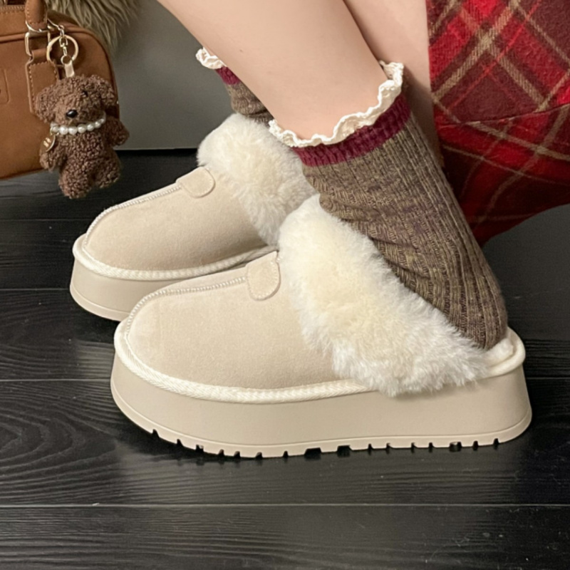 ！增高厚底加绒加厚半托全包棉鞋女毛毛鞋冬款保暖雪地棉 - 图1