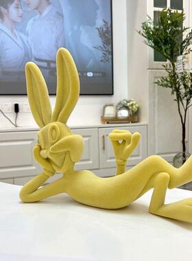 长耳躺姿兔八哥摆件摆件卡通现代