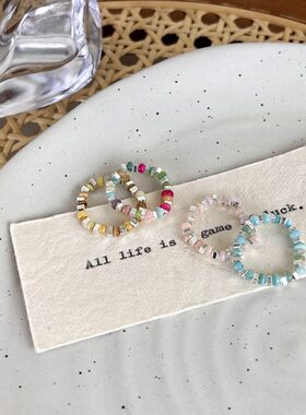 碎银子弹力绳戒指女小众时尚感简约彩色宝石串珠戒指时尚个性食指