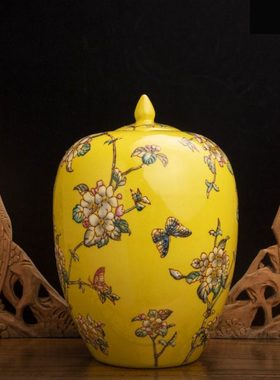 欧式新中式陶瓷器黄色花瓶插花摆件客厅家居软装样板房装饰电视柜