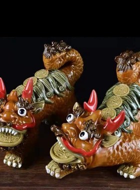 陶瓷招财铜钱麒麟摆件中式开业送礼桌面收银台装饰客厅招财麒麟
