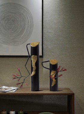 新中式售楼部雕h塑摆件圆柱金属针叶软装饰品酒店展厅玄关茶室摆