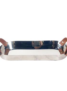 简约椭圆圆形银色创意不锈钢皮质托盘摆件样板房客厅茶几收纳