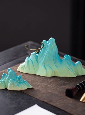 新中式鱼缸雪山造景石q头微景观陶瓷假山流水摆件枯山水只此青绿