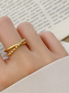 大码戒指c女胖MM双层圆珠链条法式复古时尚个性胖手大圈口食指指