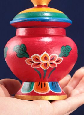 实木宝瓶彩绘莲花七彩宝瓶家居装藏供奉宝石藏式供品家用摆件全木