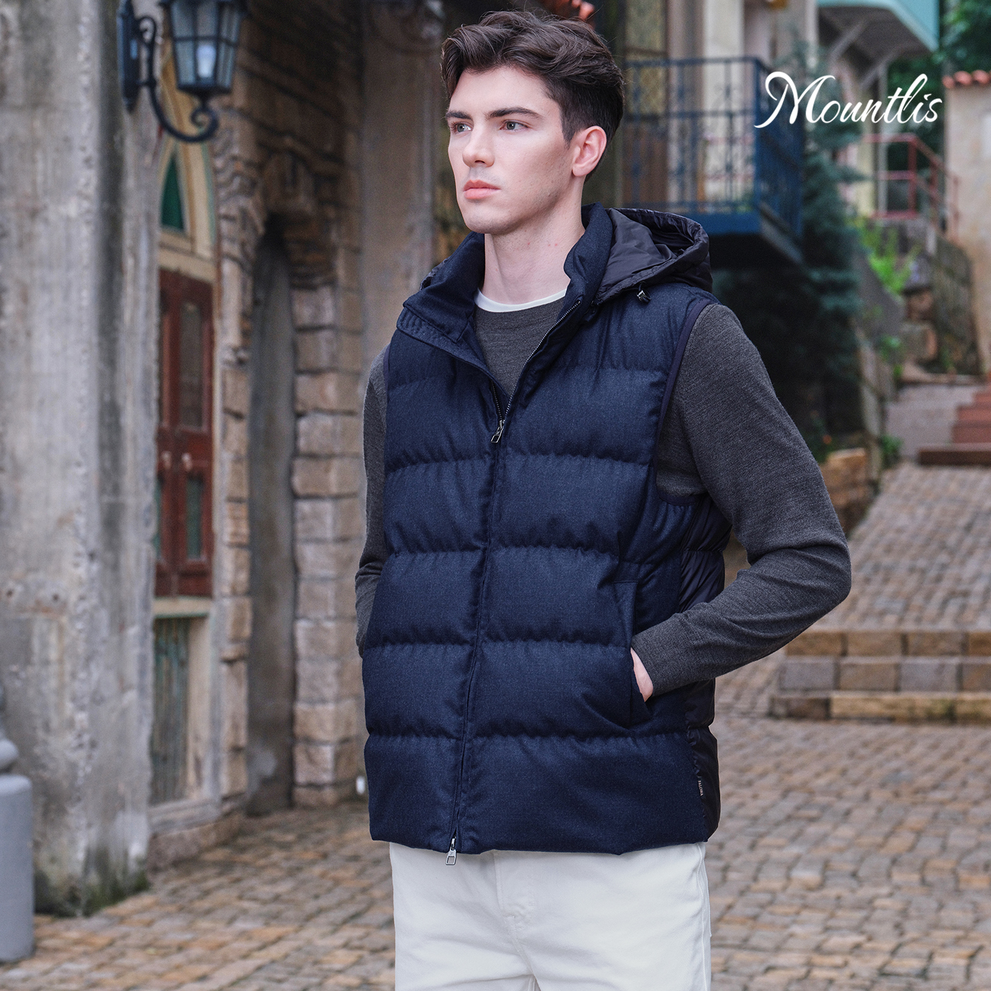 Mountlis蒙缇 羊毛鹅绒服连帽羽绒服男冬季加厚无袖马甲羽绒外套 - 图1